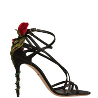 Dolce & Gabbana Black Strappy Flower Heels Sandals Shoes