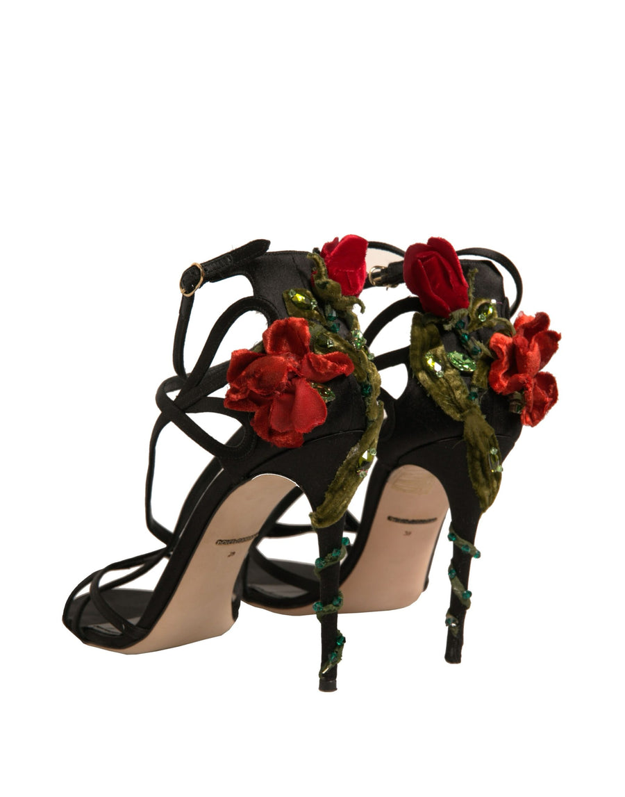 Dolce & Gabbana Black Strappy Flower Heels Sandals Shoes