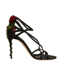 Dolce & Gabbana Black Strappy Flower Heels Sandals Shoes