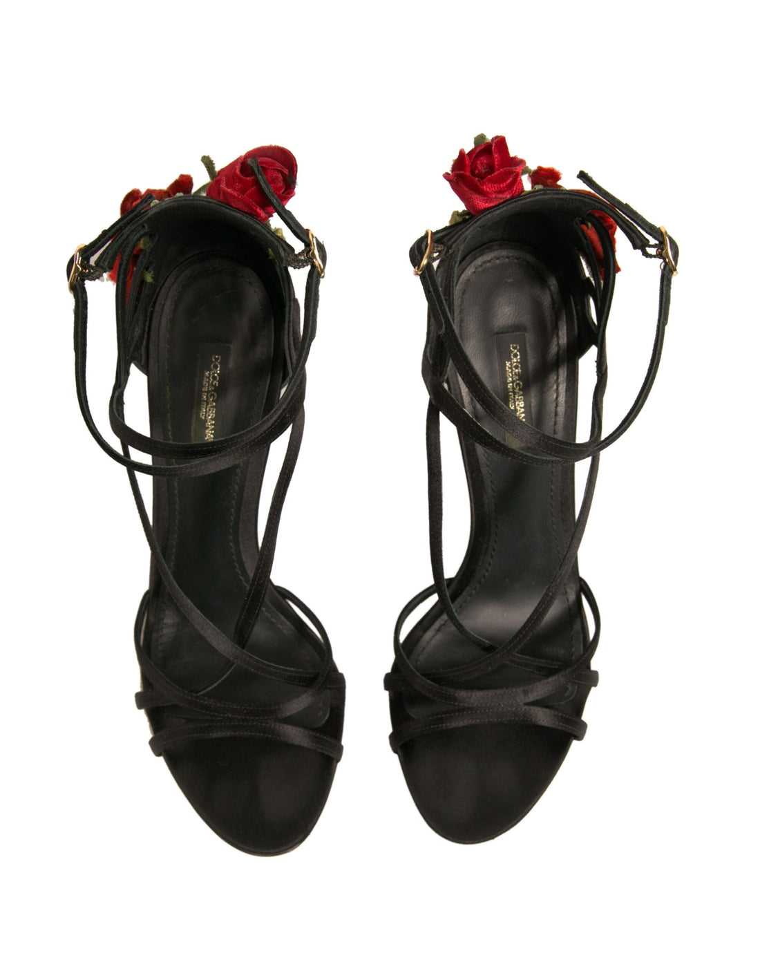 Dolce & Gabbana Black Strappy Flower Heels Sandals Shoes