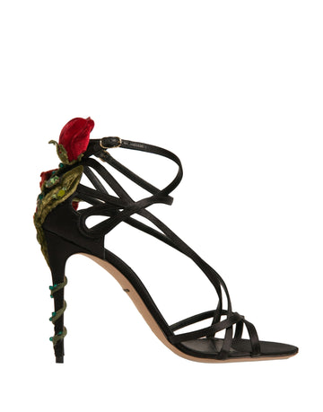 Dolce & Gabbana Black Strappy Flower Heels Sandals Shoes