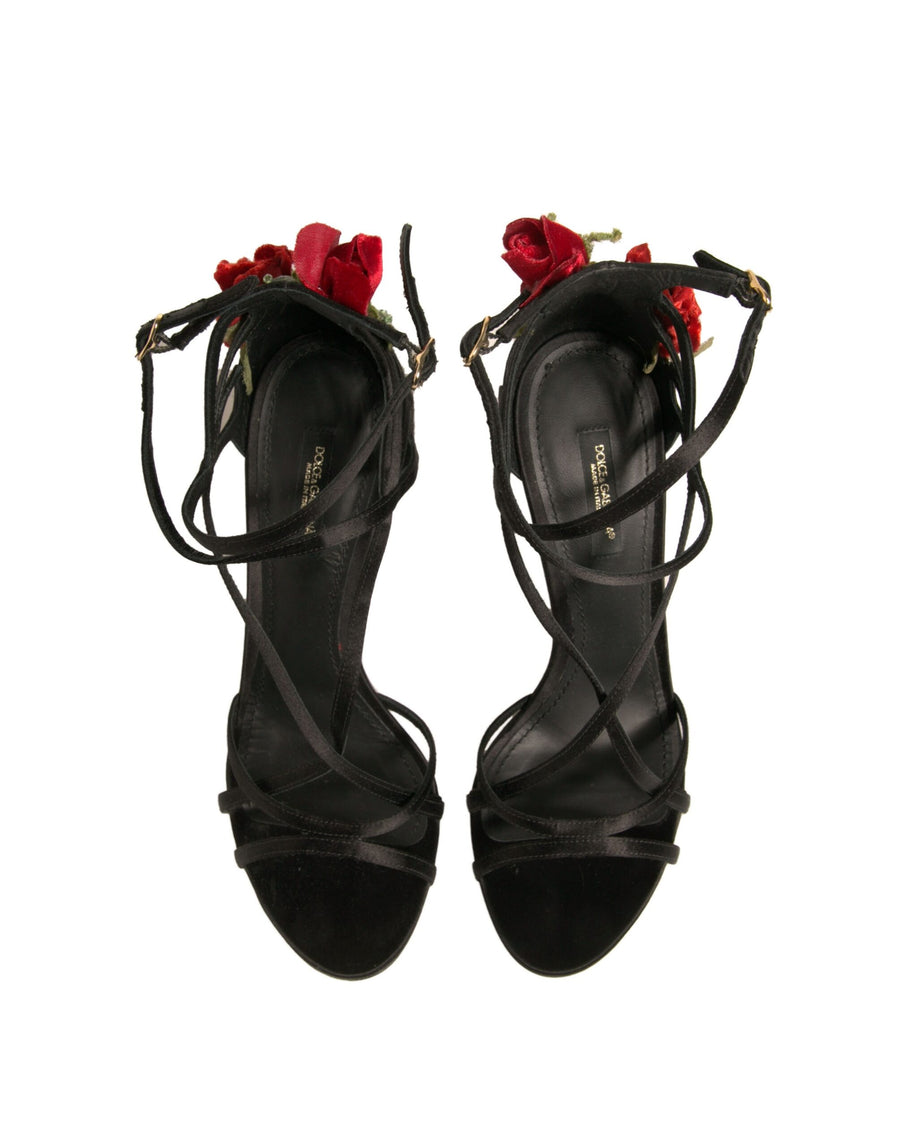 Dolce & Gabbana Black Strappy Flower Heels Sandals Shoes