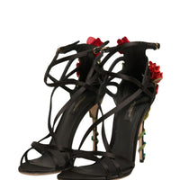 Dolce & Gabbana Black Strappy Flower Heels Sandals Shoes