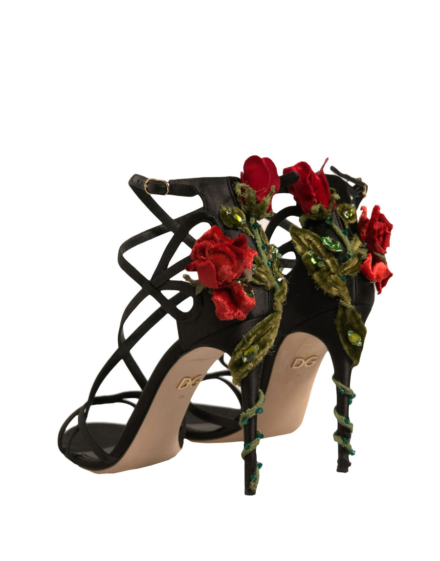 Dolce & Gabbana Black Strappy Flower Heels Sandals Shoes