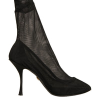 Dolce & Gabbana Black Silk Mesh Sock Style Heels Boots Shoes