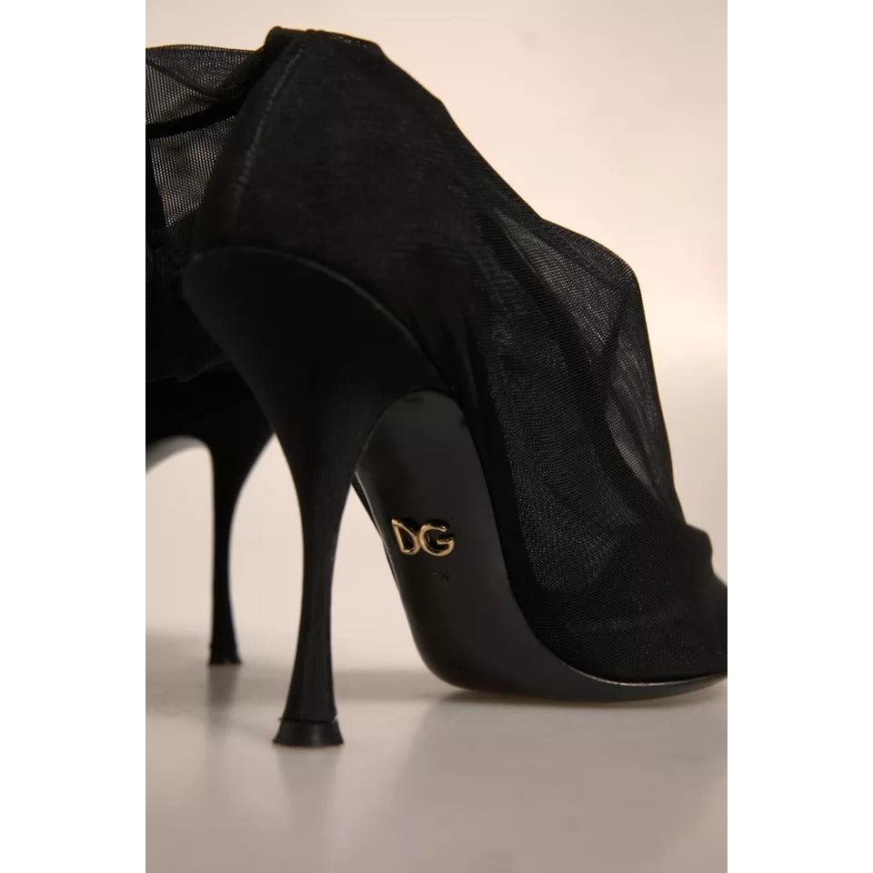 Dolce &amp; Gabbana Black Silk Mesh Sock Style Heels Boots Shoes