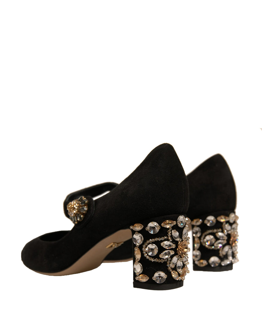 Dolce & Gabbana Black Suede Jewelled Mary Jane Pumps Shoes