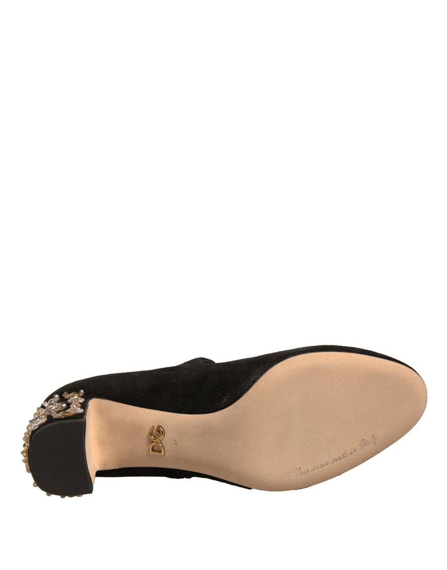 Dolce & Gabbana Black Suede Jewelled Mary Jane Pumps Shoes