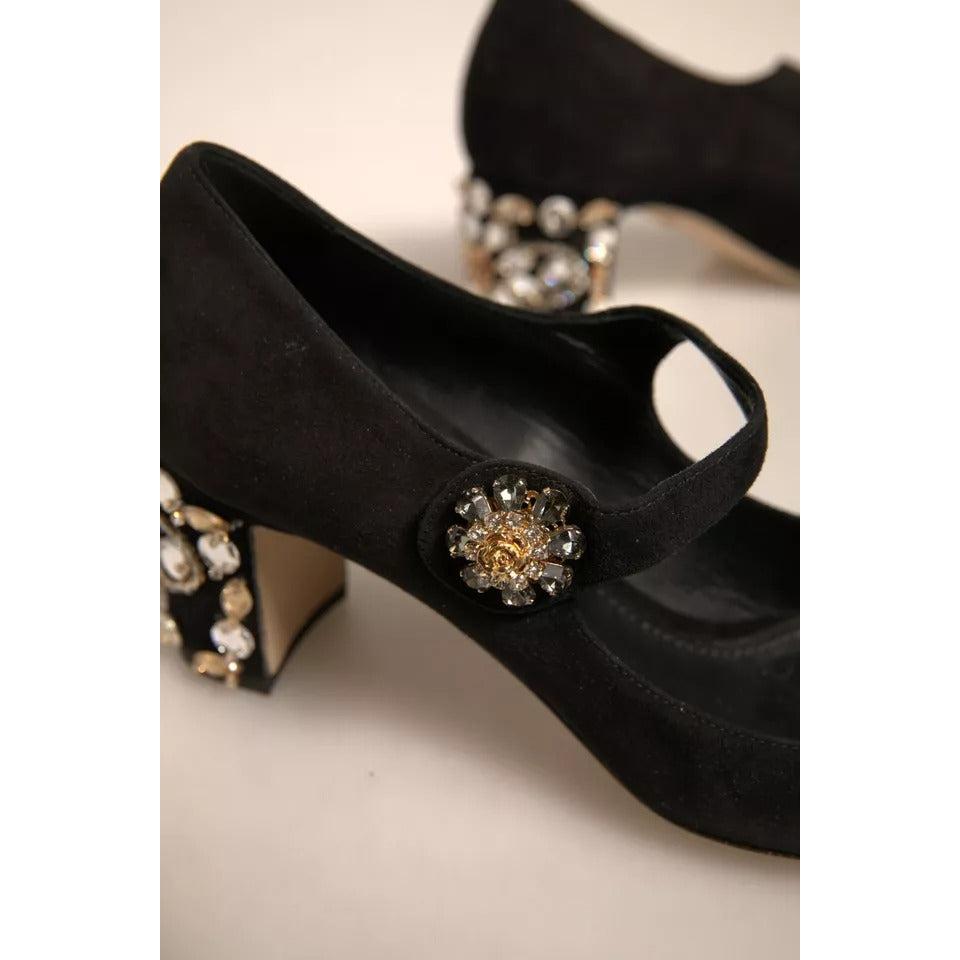 Dolce &amp; Gabbana Black Suede Jewelled Mary Jane Pumps Shoes