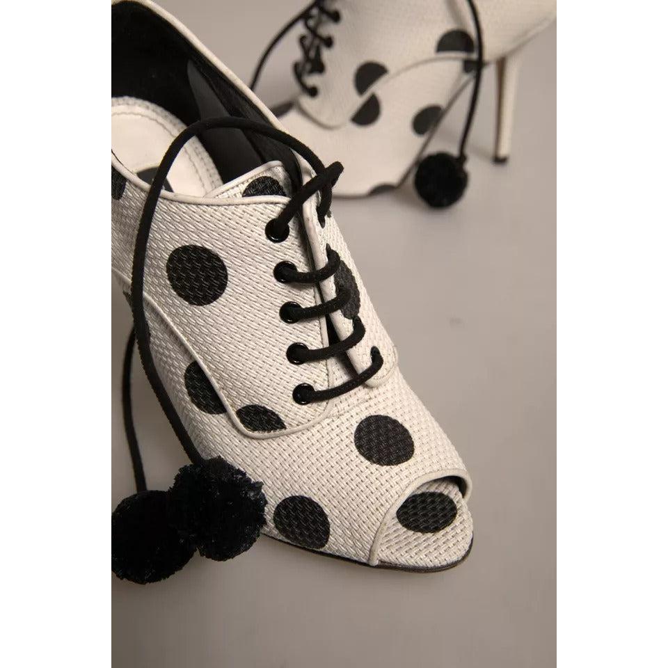 Dolce &amp; Gabbana White Black Polka Dot Peep Toe Ankle Boots Shoes