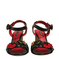 Dolce & Gabbana Black Embossed Carnation Heeled Sandals Shoes