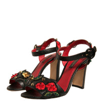 Dolce & Gabbana Black Embossed Carnation Heeled Sandals Shoes