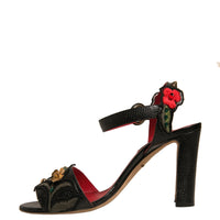 Dolce & Gabbana Black Embossed Carnation Heeled Sandals Shoes