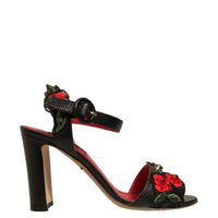 Dolce & Gabbana Black Embossed Carnation Heeled Sandals Shoes