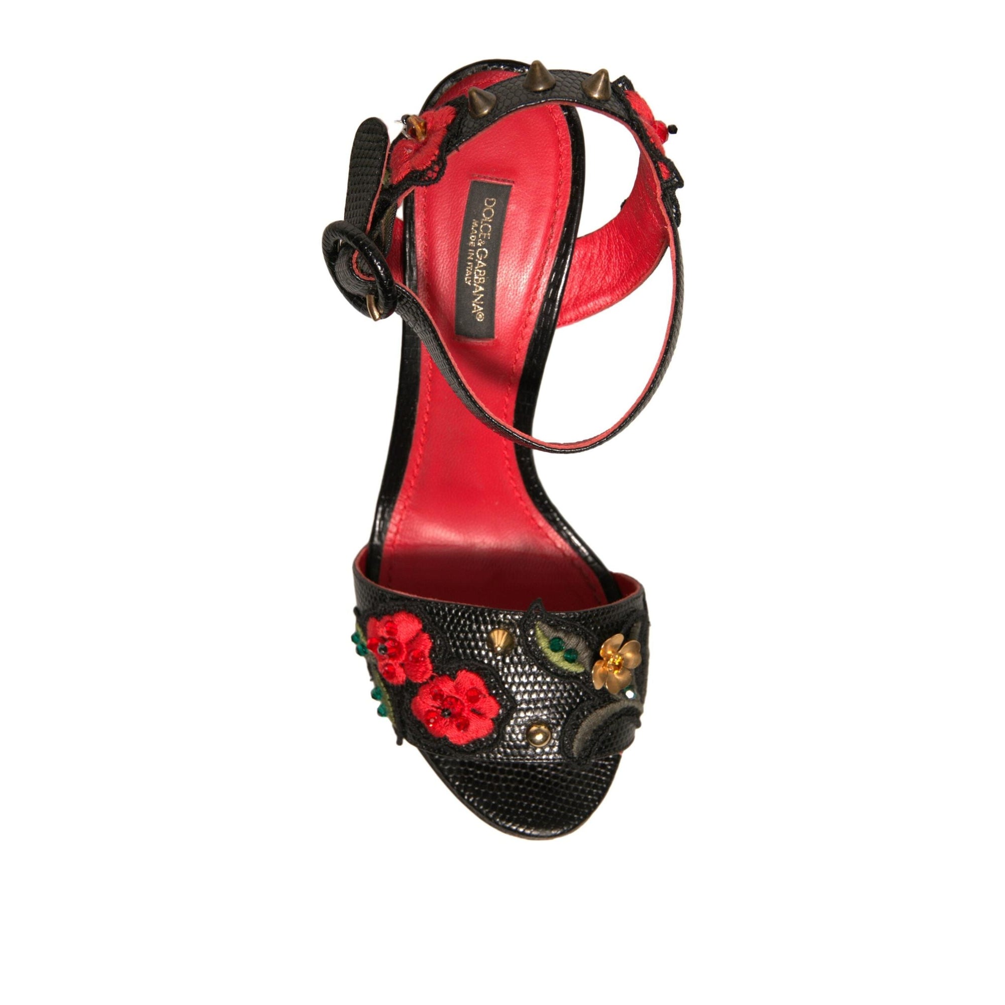Dolce &amp; Gabbana Black Embossed Carnation Heeled Sandals Shoes