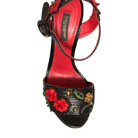 Dolce & Gabbana Black Embossed Carnation Heeled Sandals Shoes