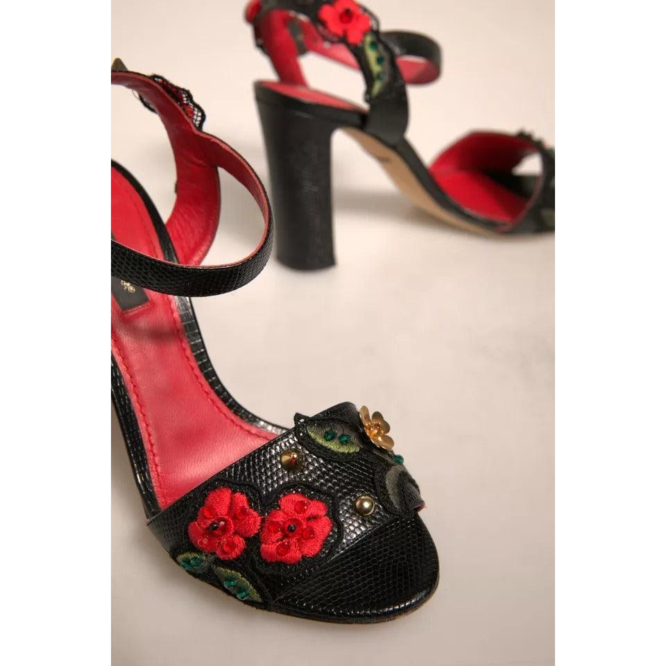 Dolce &amp; Gabbana Black Embossed Carnation Heeled Sandals Shoes