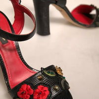 Dolce & Gabbana Black Embossed Carnation Heeled Sandals Shoes