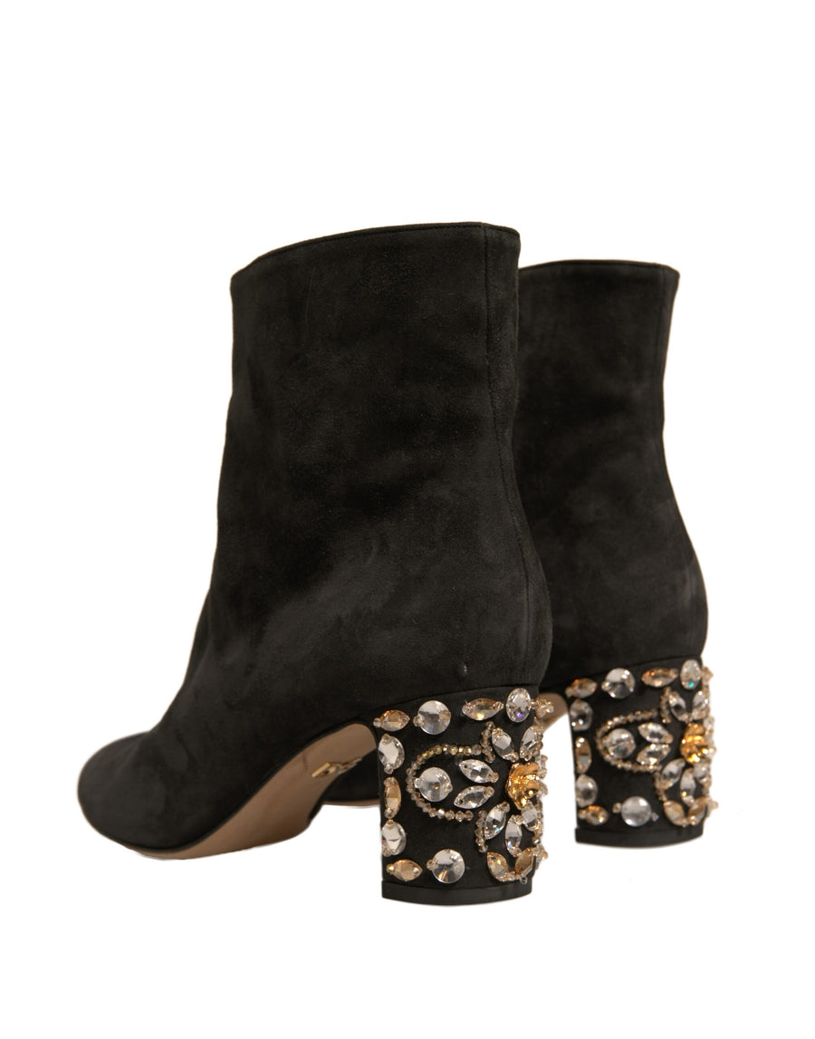 Dolce & Gabbana Black Embellished Heel Ankle Boots Shoes