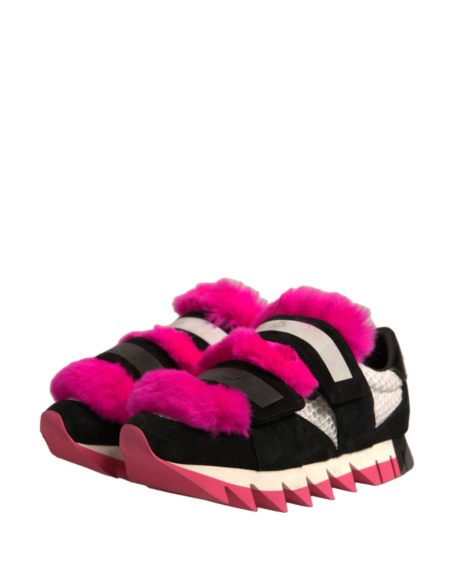 Dolce & Gabbana Black Pink Fur Embellished Sneakers Shoes