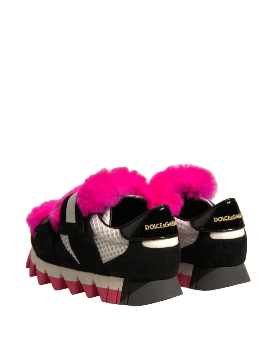 Dolce & Gabbana Black Pink Fur Embellished Sneakers Shoes