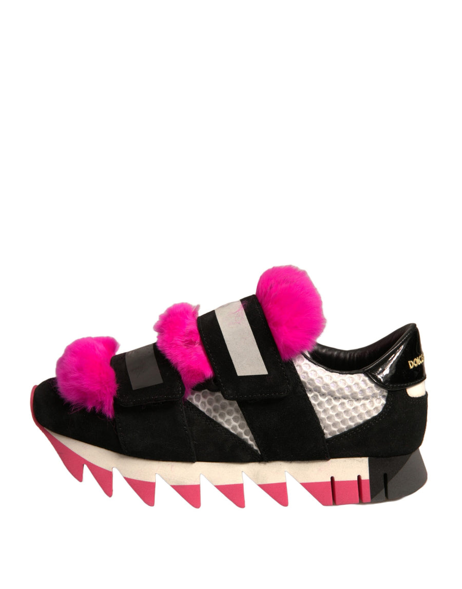 Dolce & Gabbana Black Pink Fur Embellished Sneakers Shoes