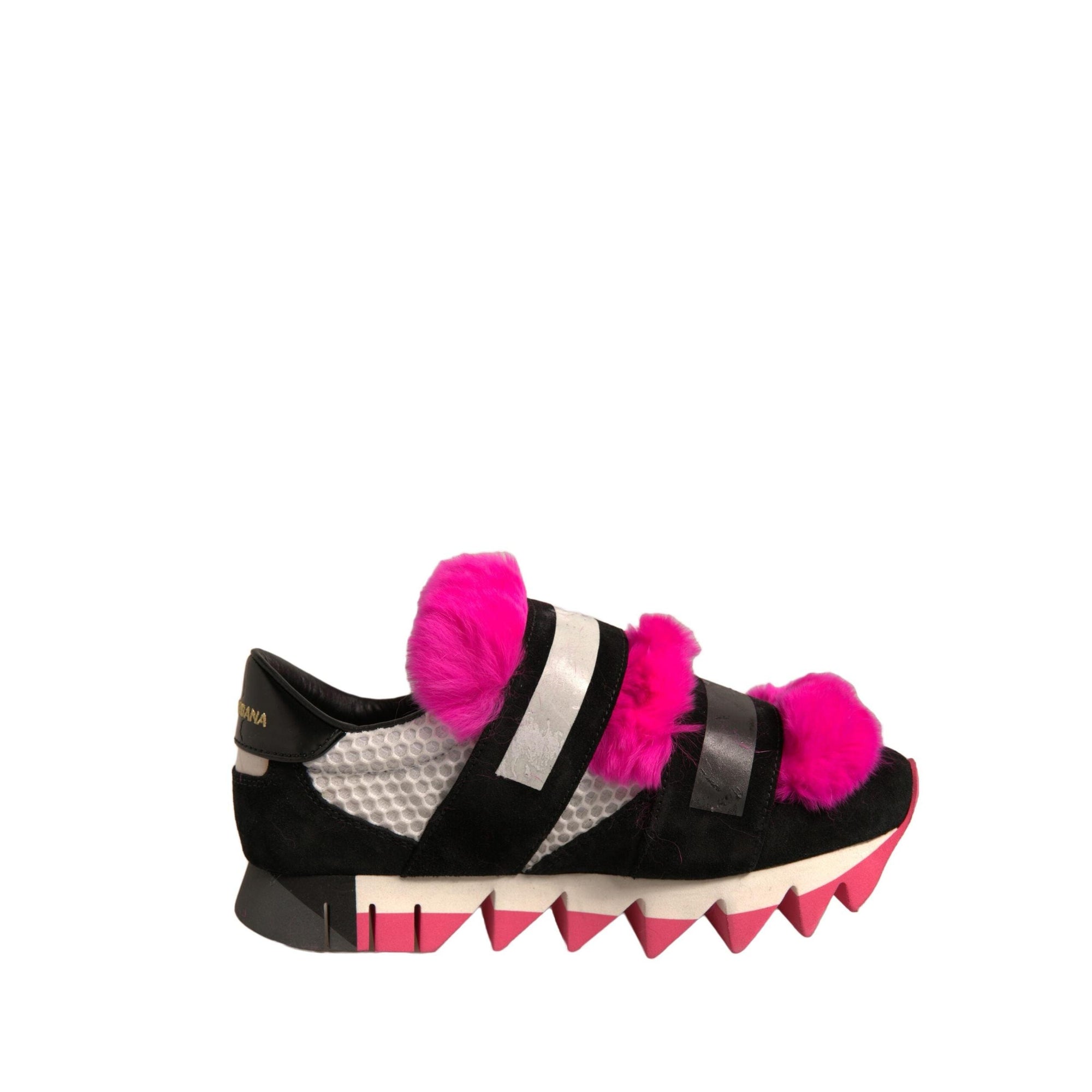 Dolce &amp; Gabbana Black Pink Fur Embellished Sneakers Shoes