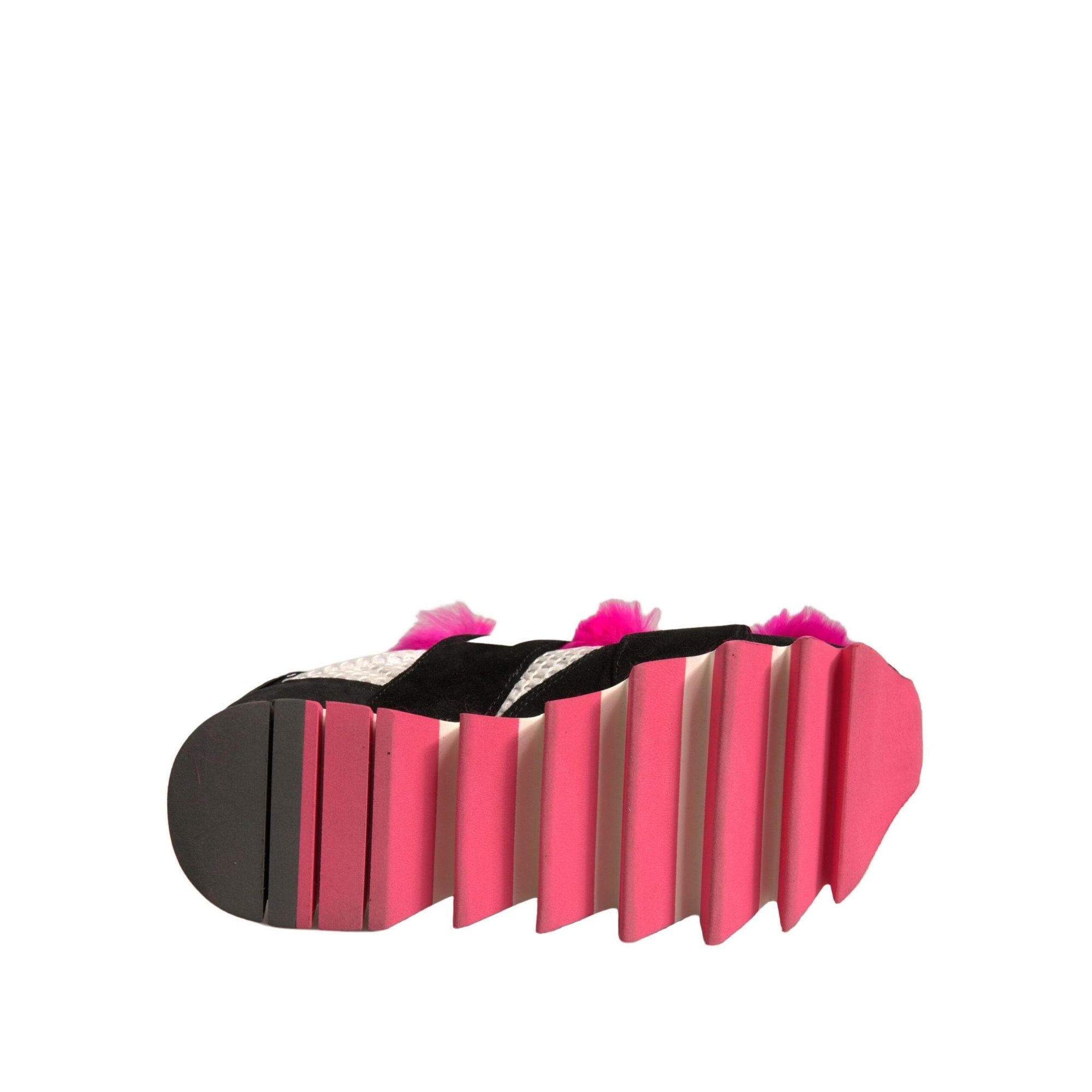 Dolce &amp; Gabbana Black Pink Fur Embellished Sneakers Shoes