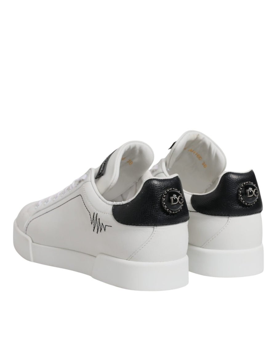 Dolce & Gabbana White Black Leather Low Top Sneakers Shoes