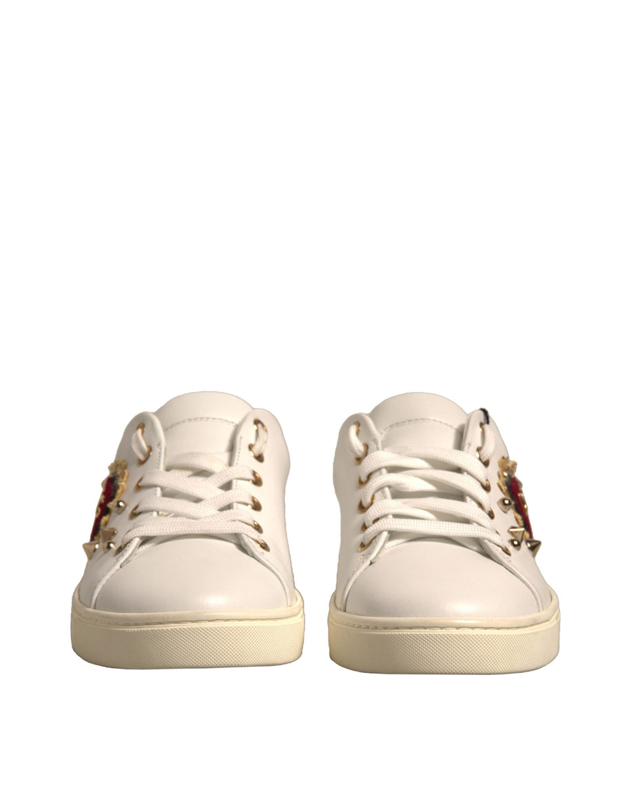 Dolce & Gabbana White Leather Gold Red Heart Sneakers Shoes