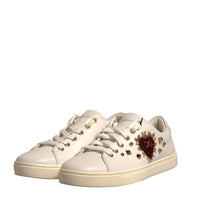 Dolce & Gabbana White Leather Gold Red Heart Sneakers Shoes