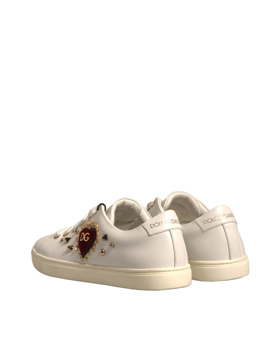 Dolce & Gabbana White Leather Gold Red Heart Sneakers Shoes