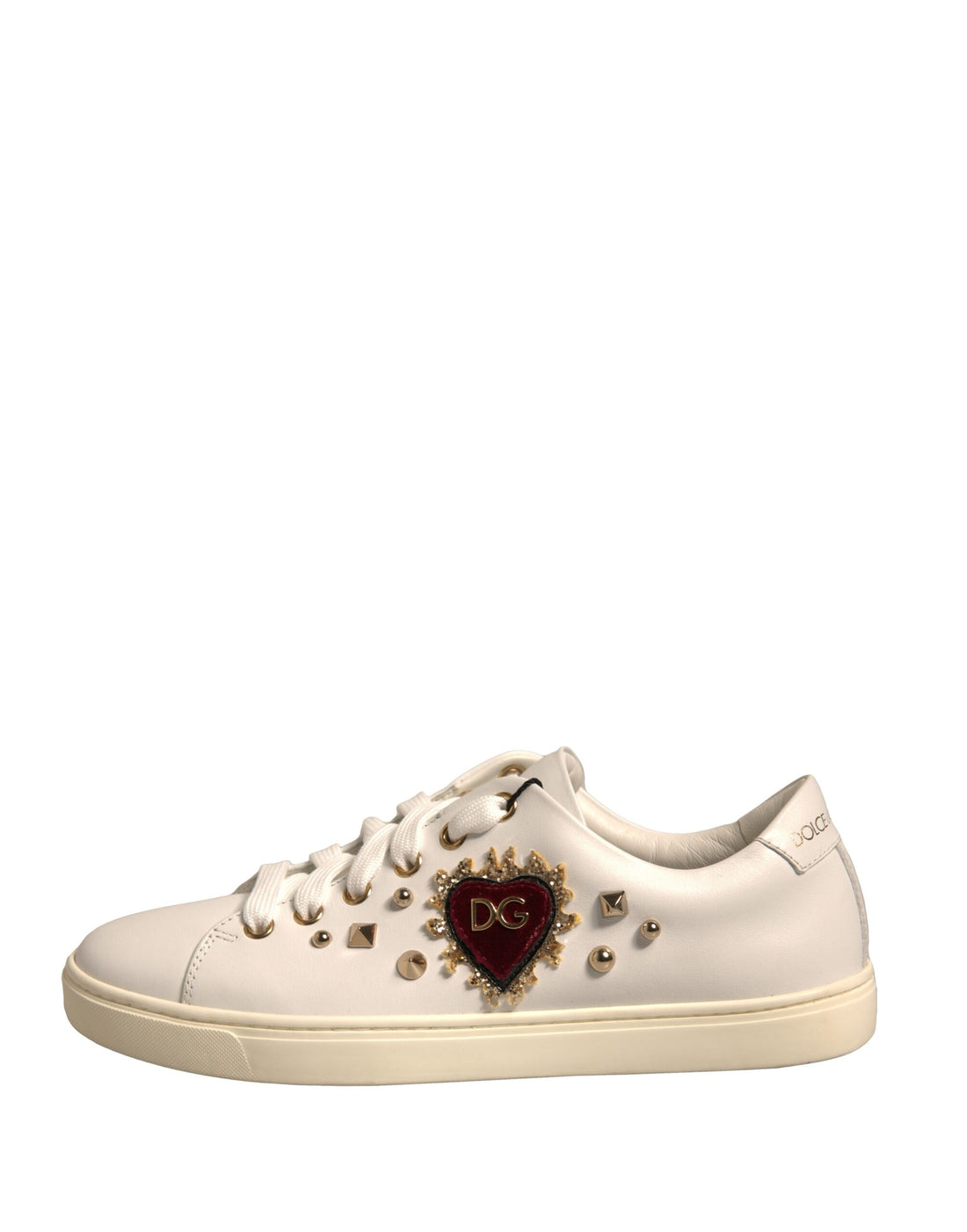 Dolce & Gabbana White Leather Gold Red Heart Sneakers Shoes