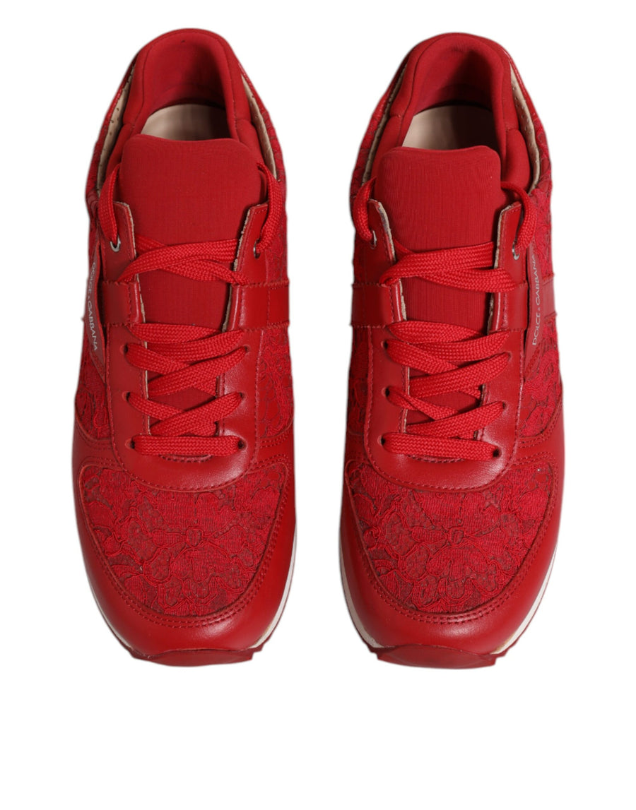 Dolce & Gabbana Red Floral Lace Leather Sneakers Shoes