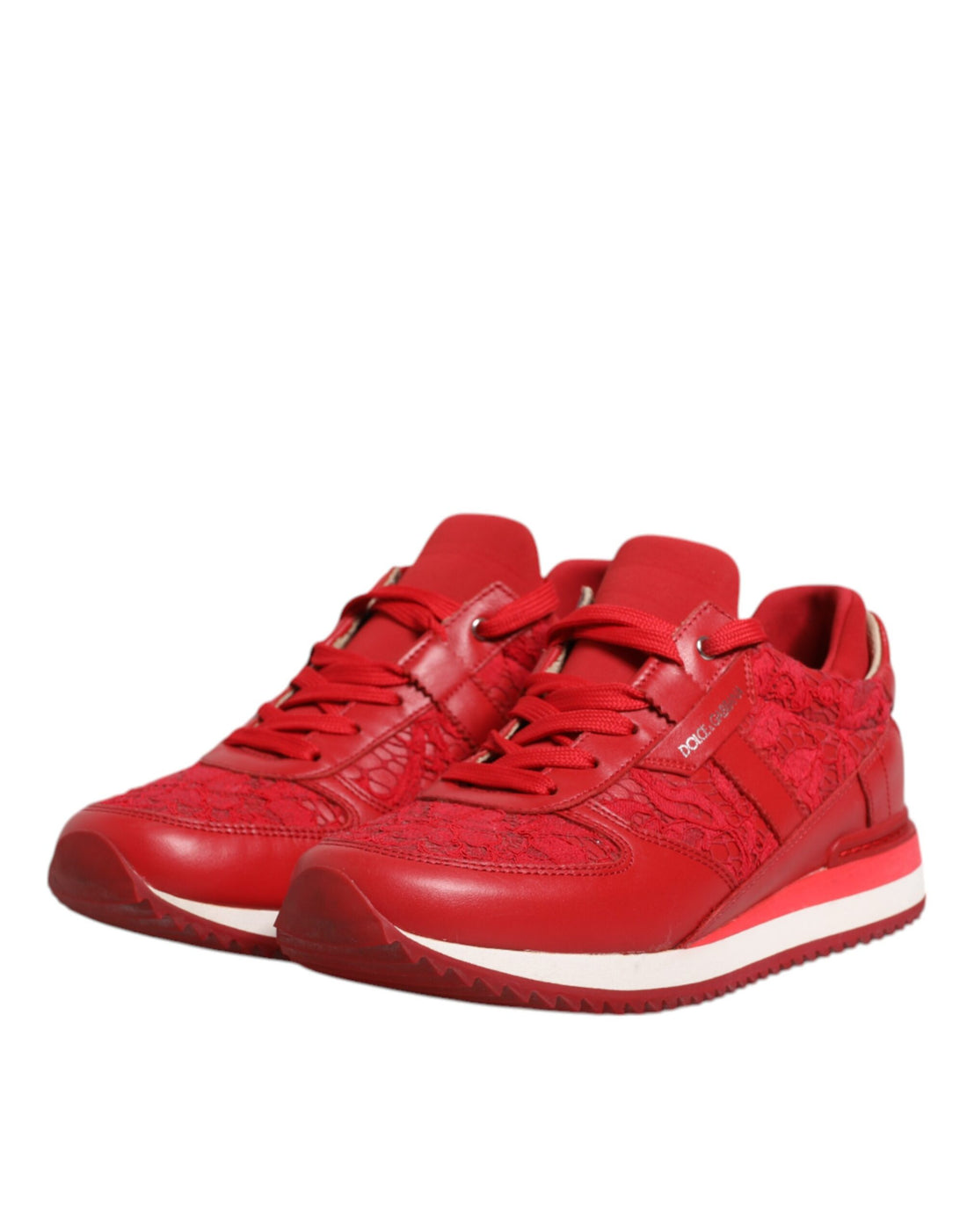 Dolce & Gabbana Red Floral Lace Leather Sneakers Shoes