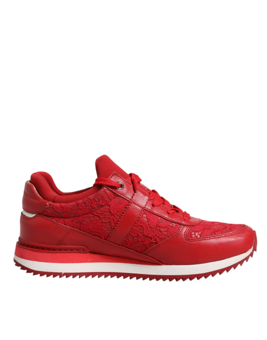 Dolce & Gabbana Red Floral Lace Leather Sneakers Shoes