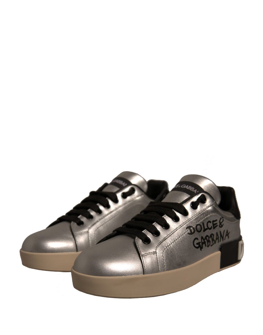 Dolce & Gabbana Silver Calf Leather Portofino Sneakers Shoes