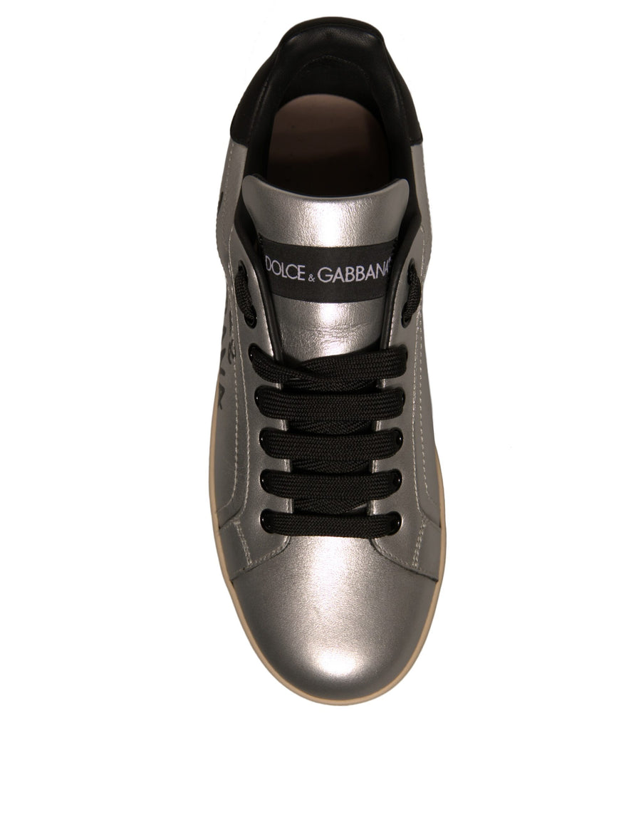 Dolce & Gabbana Silver Calf Leather Portofino Sneakers Shoes