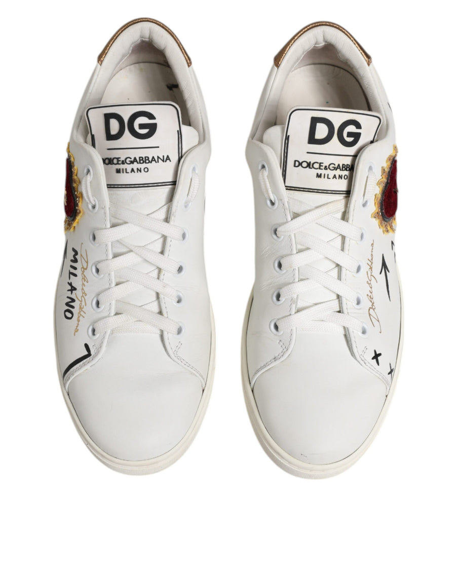 Dolce & Gabbana White Leather Heart Embellished Sneakers Shoes