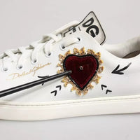 Dolce & Gabbana White Leather Heart Embellished Sneakers Shoes