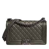 Chanel Dark Green Leather Shoulder Bag Gray Metal Purse Bag