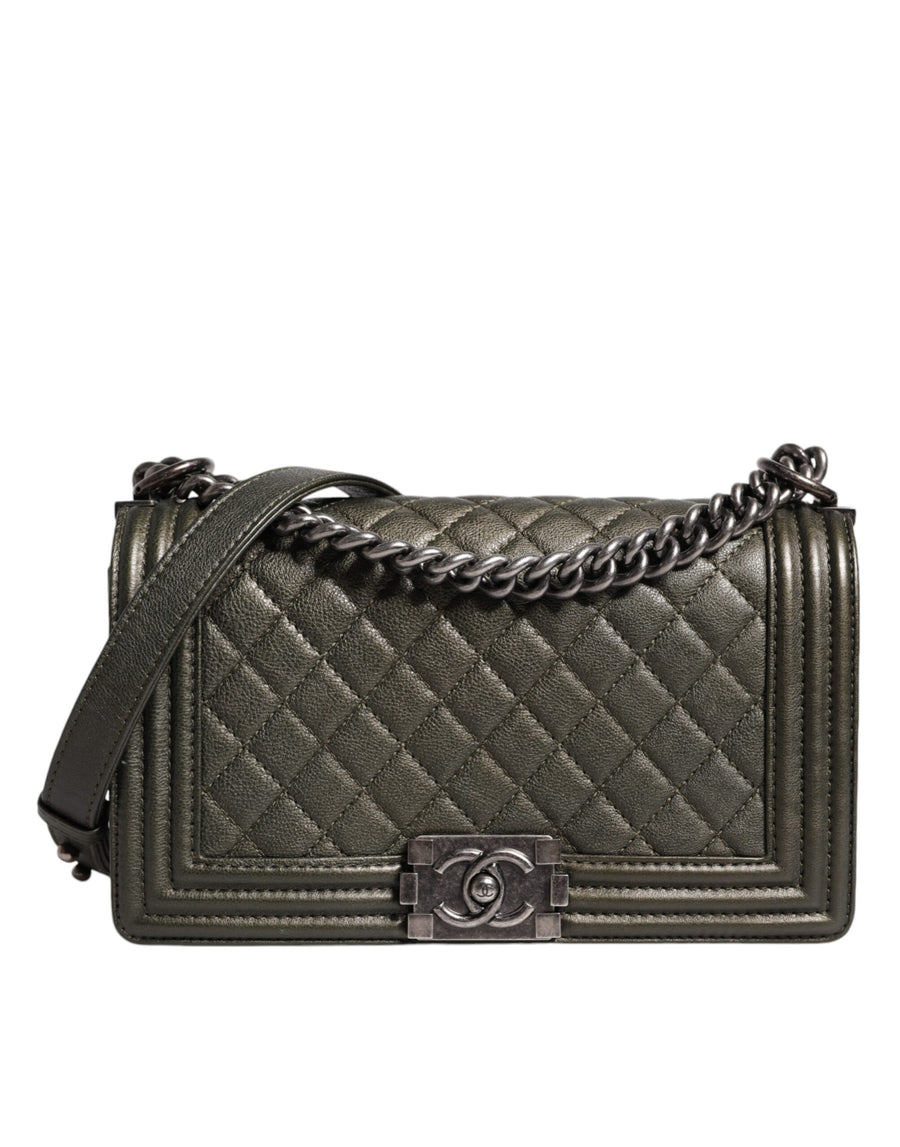 Chanel Dark Green Leather Shoulder Bag Gray Metal Purse Bag