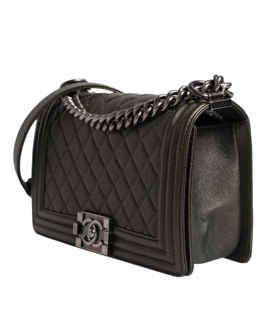 Chanel Dark Green Leather Shoulder Bag Gray Metal Purse Bag