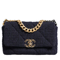 Chanel Dark Blue Medium Flap Tweed CC Gold Gray Chain Shoulder Bag