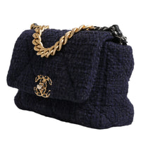 Chanel Dark Blue Medium Flap Tweed CC Gold Gray Chain Shoulder Bag