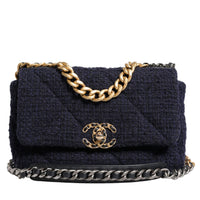 Chanel Dark Blue Medium Flap Tweed CC Gold Gray Chain Shoulder Bag