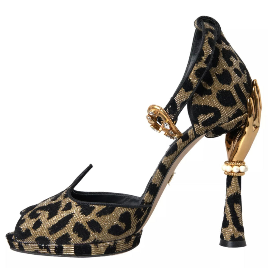 Dolce & Gabbana Gold Leopard Embellished Heel Sandals Shoes