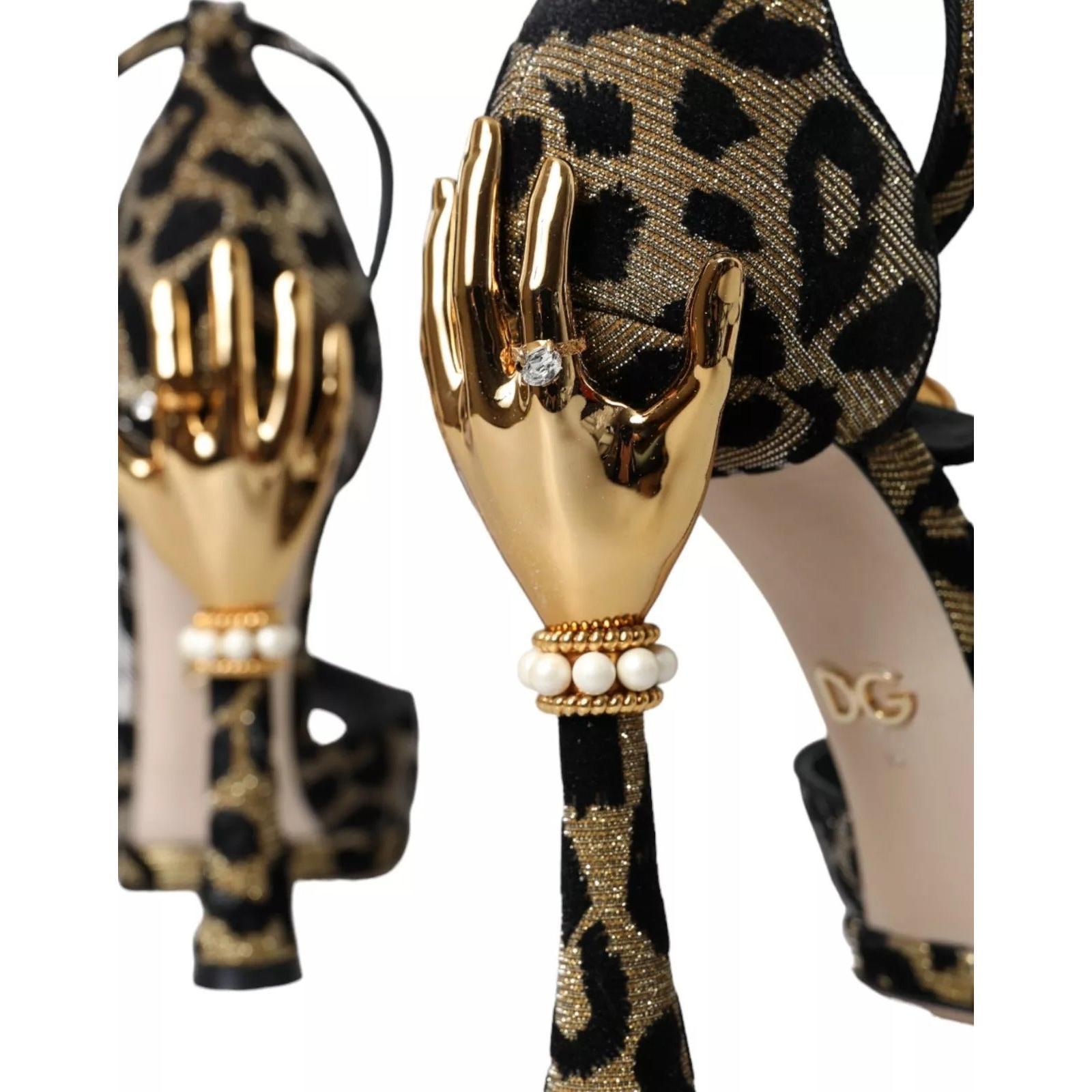 Dolce &amp; Gabbana Gold Leopard Embellished Heel Sandals Shoes