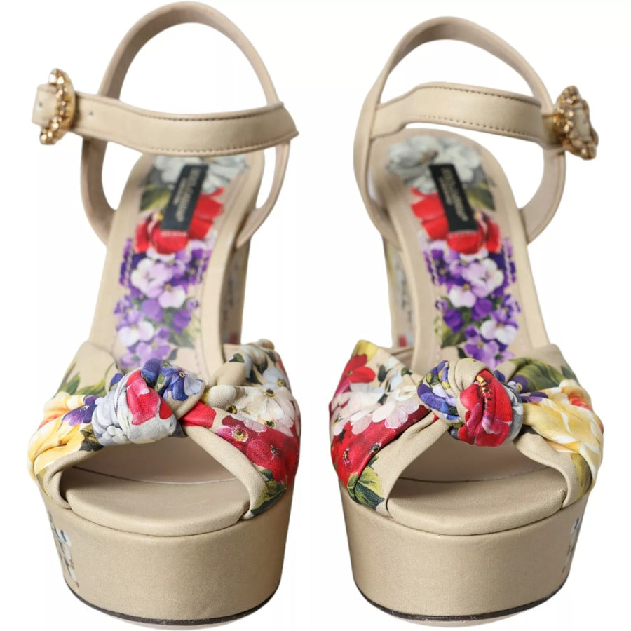 Dolce & Gabbana Beige Floral Crystal Wedge Heel Sandals Shoes