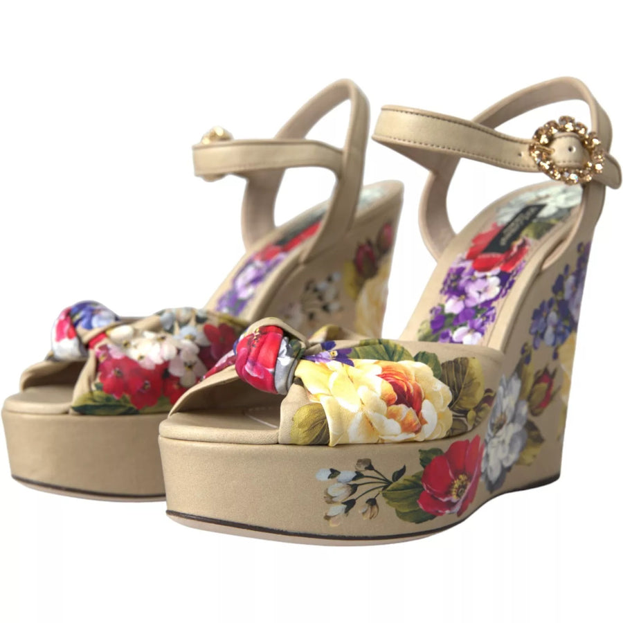 Dolce & Gabbana Beige Floral Crystal Wedge Heel Sandals Shoes